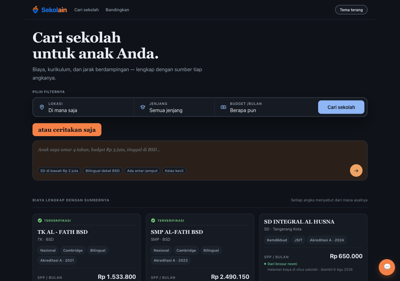 Sekolain — school search and comparison platform for parents