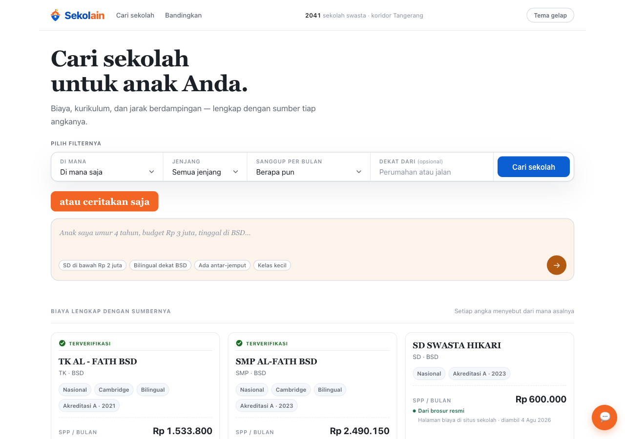 Sekolain — school search and comparison platform for parents